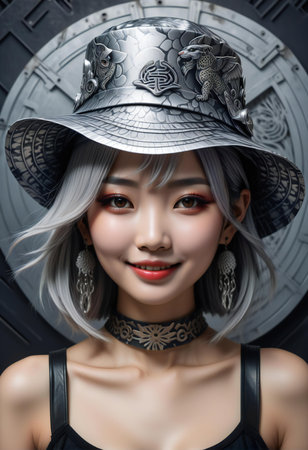 Beautiful asian woman in a hat of the ancient warrior.の素材