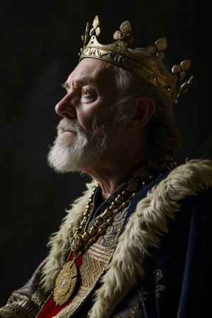 Close-up portrait of a senior man with a long white beard and crown. Studio shot on dark background.の素材