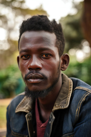 Portrait of a young African man with a beard wearing a denim jacket.の素材
