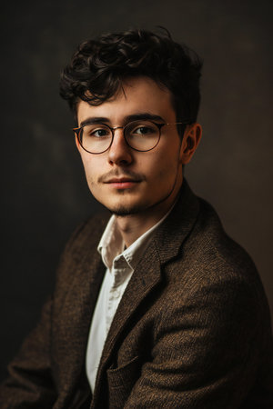 Portrait of a handsome young man in eyeglasses on dark backgroundの素材