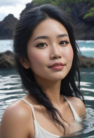 Portrait of a beautiful young asian woman in the sea.の素材