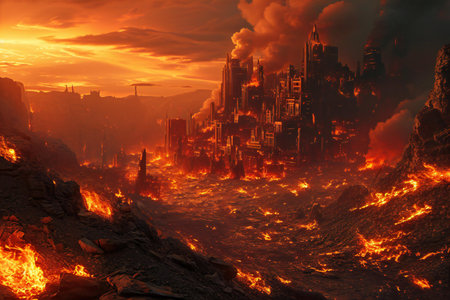 Fiery explosion in the city at sunset.の素材