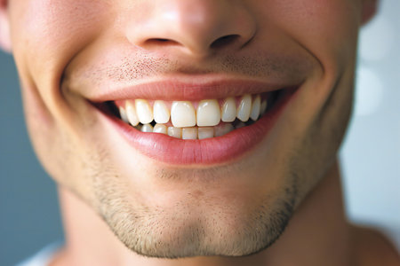 Close-up of smiling young man with healthy teeth. Dentistry conceptの素材