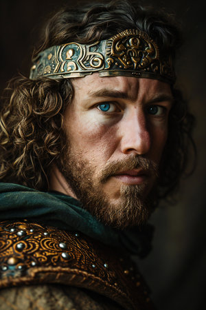 Portrait of a medieval warrior with a golden helmet and chain mail.の素材