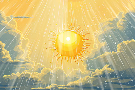 illustration of a sun in the sky with clouds and rain.の素材