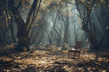 Wood chair in the autumn forest. Foggy forest. Autumn forestの素材