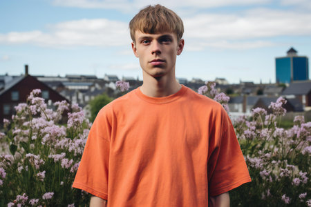 Portrait of a handsome young man in an orange t-shirt on a background of flowers.の素材