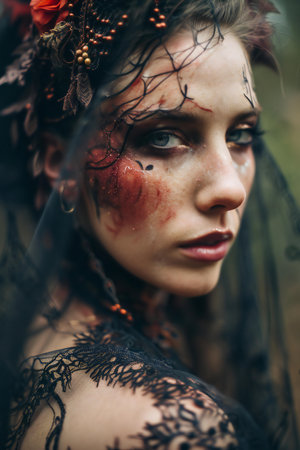 Portrait of a girl in a black dress with blood on her faceの素材