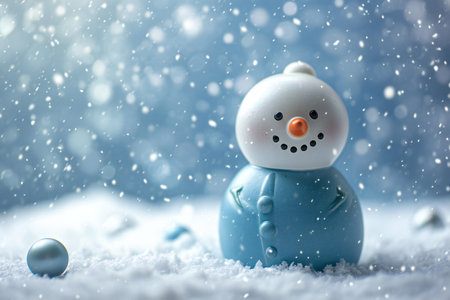 Snowman toy on snow with bokeh background, Christmas and New Year conceptの素材