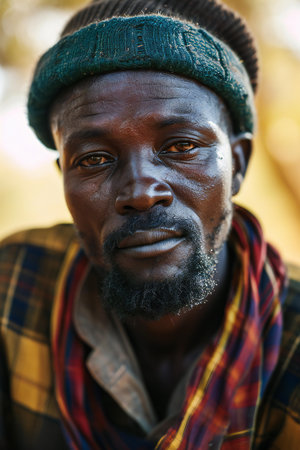 Portrait of a black african man wearing a hat and scarf.の素材