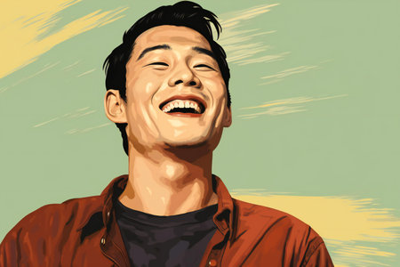 portrait of a young asian man laughing with grunge backgroundの素材