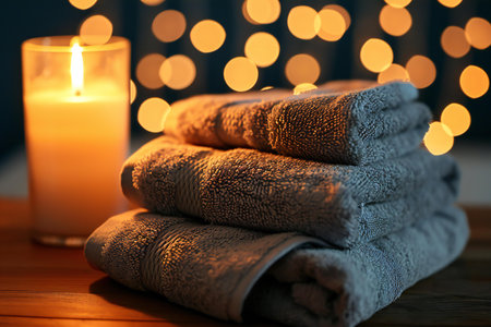 Stack of clean towels and burning candle on wooden table against blurred lightsの素材
