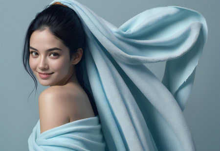 Portrait of a beautiful asian woman wrapped in a blue clothの素材