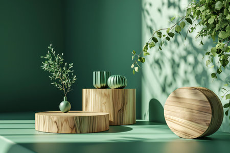 Wooden podiums in green room with plants.の素材