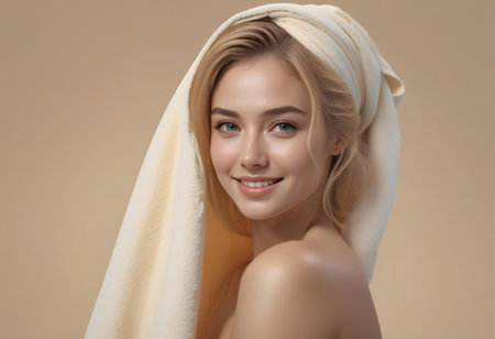 Portrait of a beautiful young woman wrapped in a white towel.の素材