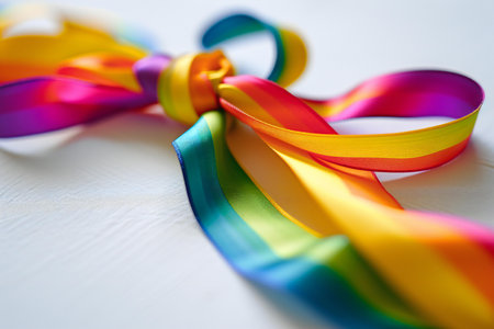 Colorful ribbons on a white wooden background. Selective focus.の素材