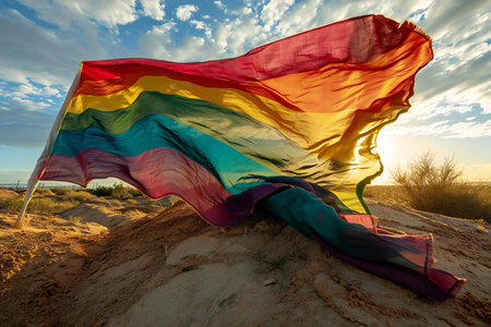 Rainbow flag waving in the wind in the desert against the blue skyの素材