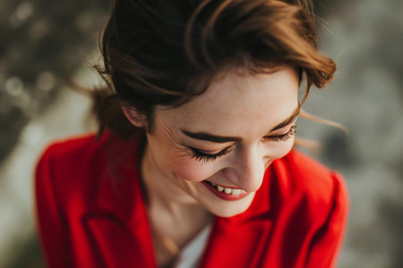 Portrait of a beautiful young woman in a red jacket, smilingの素材