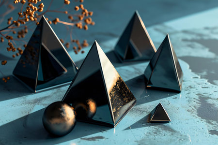 Abstract composition with black pyramid and golden ball on blue background.の素材