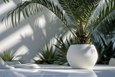 Plant in a white pot on a white table in the sunの素材