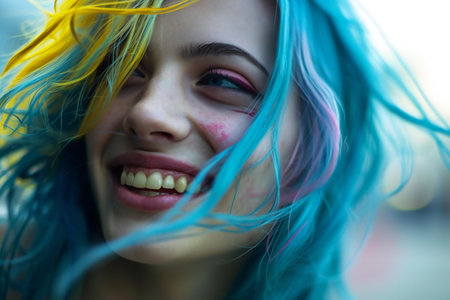 Close-up portrait of a beautiful girl with dyed blue hair.の素材
