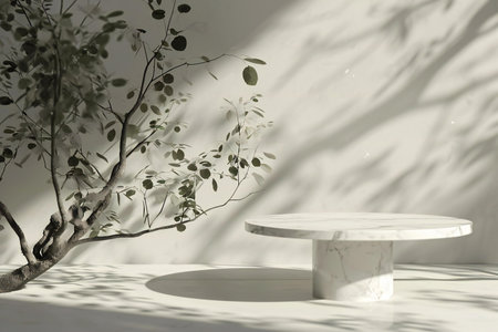 Minimal scene with white marble podium and leaves.の素材