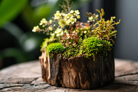 Moss and succulents in vase on wooden table.の素材