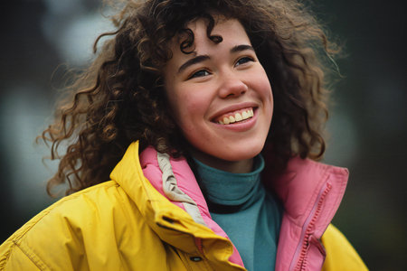 Portrait of a beautiful young woman with curly hair smiling outdoors.の素材