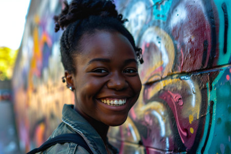Portrait of a beautiful african american girl smiling against graffiti wallの素材
