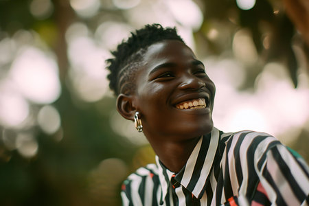 Portrait of a young african american man smiling outdoors.の素材