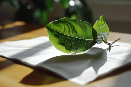 Green leaf on a white napkin on a wooden table in sunlightの素材