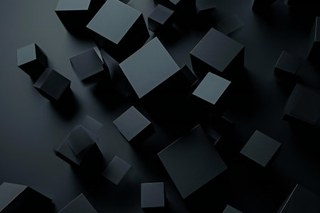 Abstract of geometric shapes. Dark background with black cubes.の素材