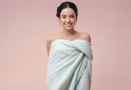 Portrait of a beautiful young asian woman wrapped in a towelの素材