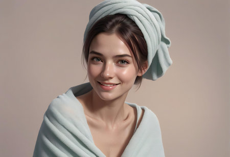Portrait of a beautiful young woman with a towel on her headの素材