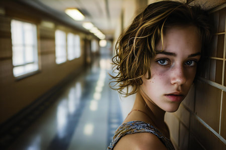 Portrait of a young girl with wet hair in the corridor.の素材