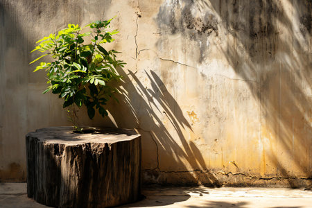 Wooden table in front of concrete wall with shadow of tree.の素材