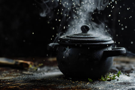 Cooking pot with boiling water and smoke on a dark background.の素材