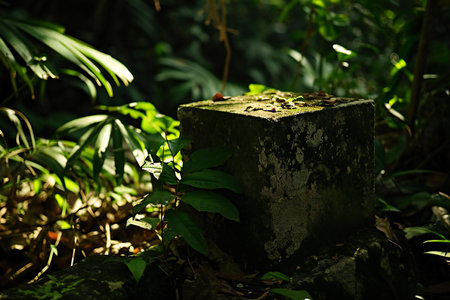 Old stone on the ground in the jungle. Shallow depth of field.の素材
