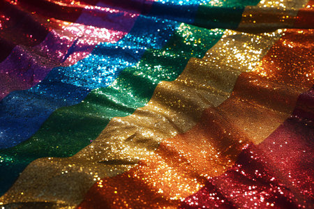Texture, background, pattern. The fabric is multicolored with a rainbow of sequins.の素材