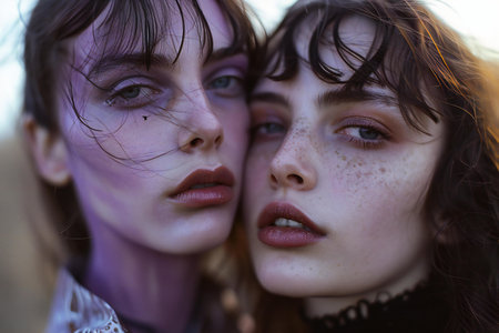 Portrait of two young beautiful girls. Close-up photo.の素材