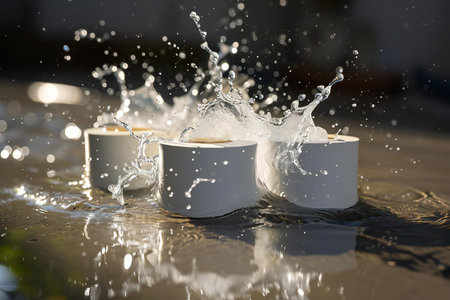 Coffee splashing out of a cup on a table.の素材