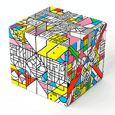 Cube with colorful geometric pattern on white background.の素材