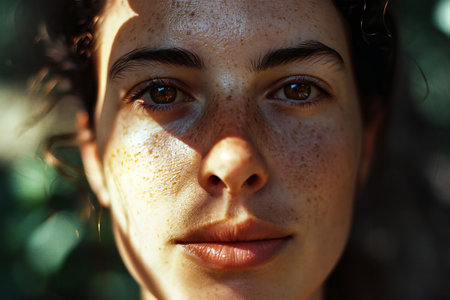 Close-up portrait of a beautiful young woman with frecklesの素材