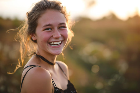 Portrait of a beautiful young girl in a black dress at sunsetの素材