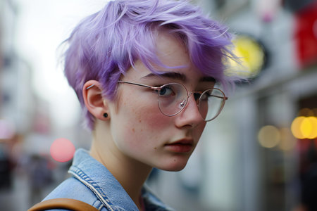young beautiful hipster woman with purple short hair and glasses in the cityの素材