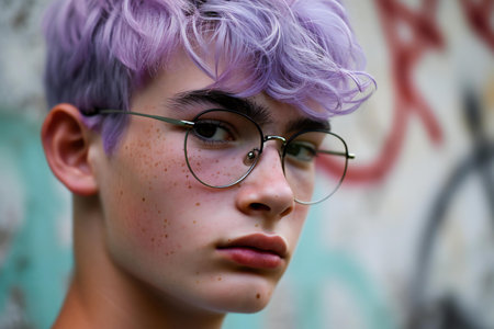 Portrait of a beautiful girl with short purple hair and glasses.の素材