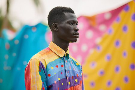 Young african man standing in front of a colorful fabric background.の素材