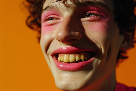 Portrait of a beautiful girl with bright makeup and curly hair on an orange backgroundの素材