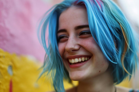 Portrait of a beautiful girl with blue hair in the city.の素材