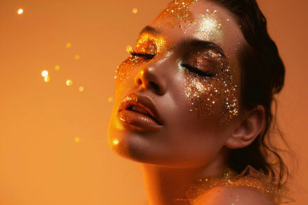 Portrait of a beautiful woman with golden makeup and sparkles on her faceの素材